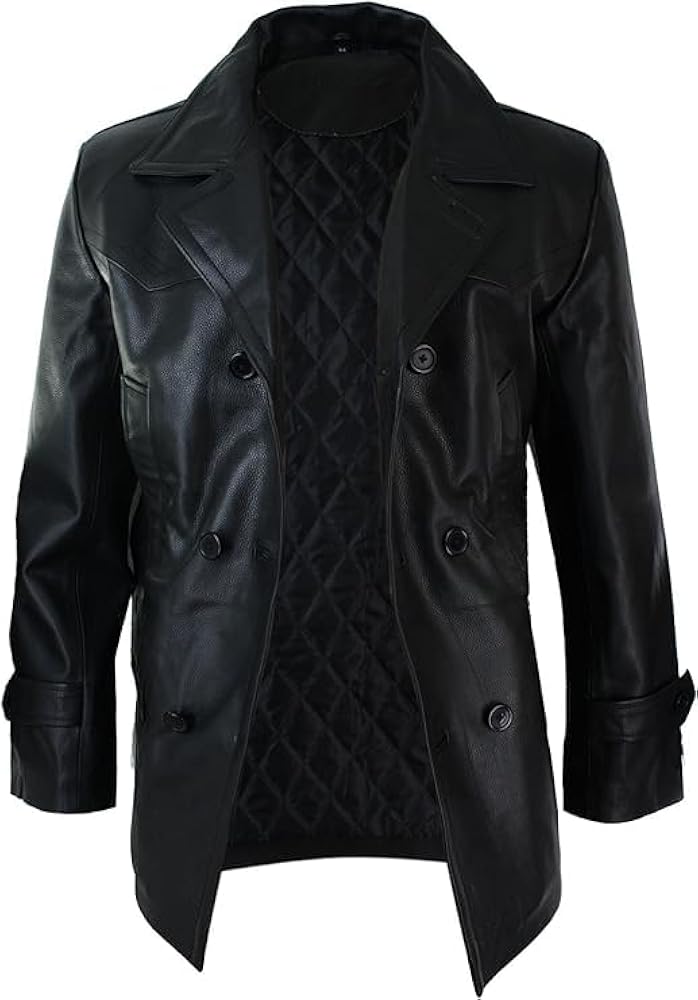 Havock Mens Real Leather 3/4 Double Breasted Pea Coat