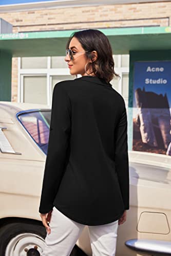 Acevog Women's Casual V Neck Blouse Adjustable Half-Zip Roll-Up Sleeve Pullover Tops Tunic Tops Work Blouse Casual Loose Shirts Black #TOP4