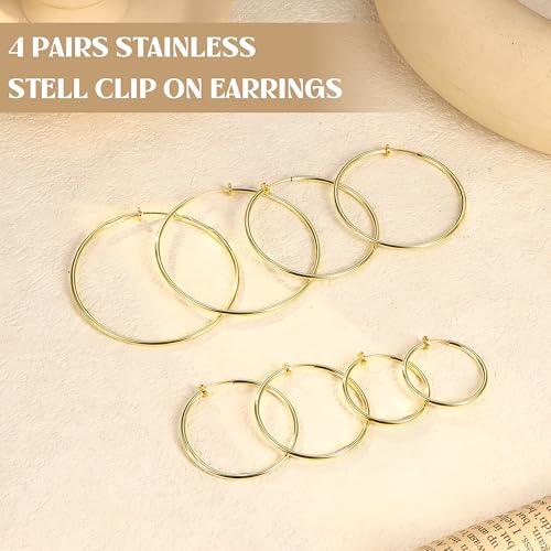 LOYALLOOK 4 Pairs Stainless Steel Clip On Hoop Earrings for Women Fake Hoop Earrings Spring Hoop Earrings For Non-Pierced Ears4