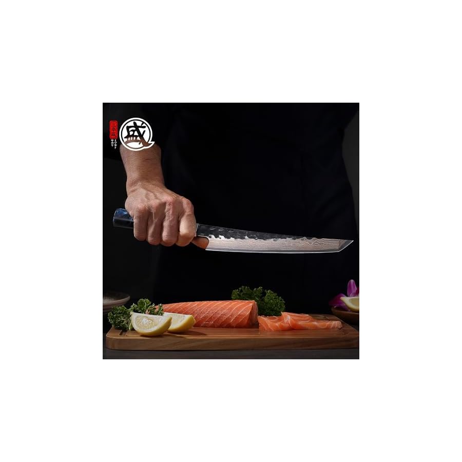 MITSUMOTO SAKARI 8 inch Japanese Kiritsuke Chef Knife, Hand Forged VG-10 Damascus Kitchen Knife, Professional Meat Sushi Chef’s Knife (Blue Resin Handle & Sandalwood Box)