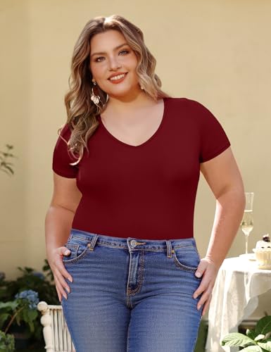 Image of COOTRY Plus Size Short Sleeve Bodysuits for Women V Neck Body Suit Tops Basic One Piece Bodysuit T Shirt