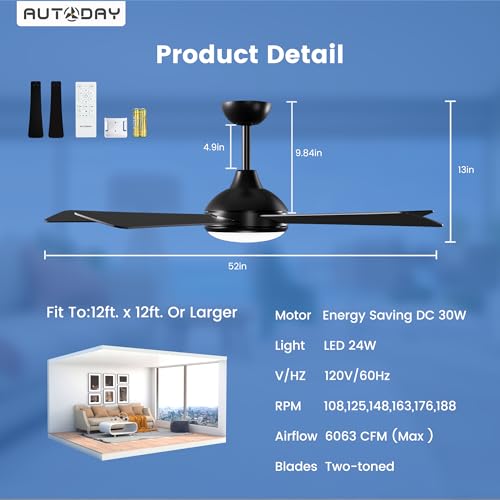 52" Autoday Ceiling Fan w/ Dimmable LED Light, Remote & Quiet DC Motor - image 8