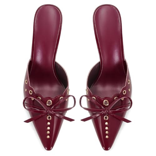 Image of DOEYG Women Pointed Toe Bow Heels Mules Slip on Stiletto Heels Sandals Dress Party Wedding Studded Heels Pumps