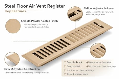 Image of 2 inch x 14 inch Brown Floor Register 2 Way - Stamped Face Steel Vent Cover, HVAC Floor Grille for AC Heat, Fits 2x14 Duct Opening, Heavy Duty Metal Register