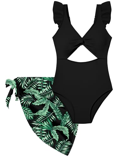 Image of Girls One Piece Swimsuit Cut Out Ruffle Bathing Suit Twist V Neck Swimwear Solid Color with Cover Up Skirt 9-16T