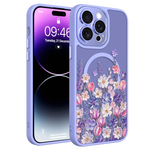 Image of Magnetic for iPhone 14 Pro Max Case with for Women, Purple Floral | Cute Oil Painting Flower Pattern Design [Compatible with MagSafe] [Full Camera Protection] Translucent Slim Shockproof Cover