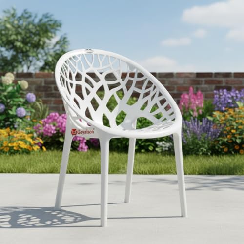 Image of GOYALSON Plastic Web Designer Chair (Jali) - Outdoor Chair Without Armrests, Gloss Finish, Suitable for Home, Office, and Restaurant Use, Weight Capacity 150 kg (4, Crystal White, Standard)
