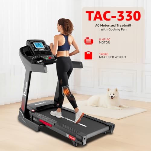 Image of PowerMax Fitness TAC-330 (6HP Peak) Motorized Autoincline Treadmill for Home use, Max User 150kg, 16kmph Speed, Running Deck 1300x480mm, Manual Lubrication, LCD Display, Speaker, iPad Holder, USB