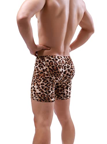 IKINGSKY Men's Leopard Long Leg Boxer Pouch Trunks Sexy Low Rise Bulge Short Under Panties for Men4