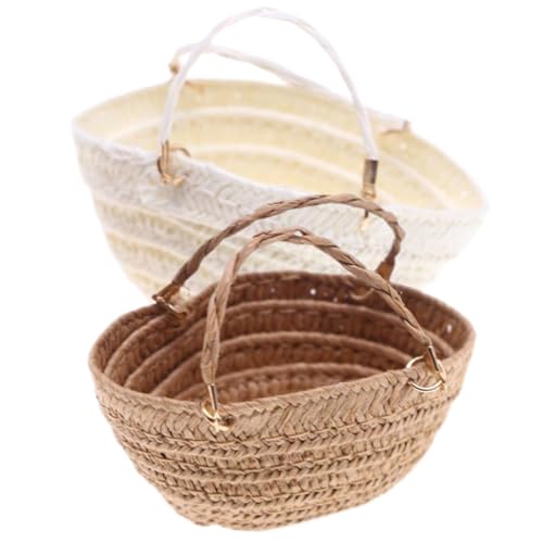 Mini bolsa de mão em miniatura com 2 peças, bolsa de palha de tecido natural para casa de bonecas, acessórios e decorações