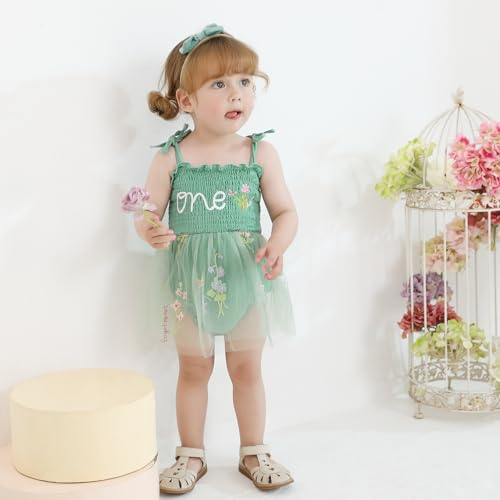 Baby Girl 1st Birthday Outfits 1 Year Old Girl Clothes Tulle Romper Sleeveless Bodysuit + Headband First Birthday Outfit Baby Girl Gifts Green — view 4