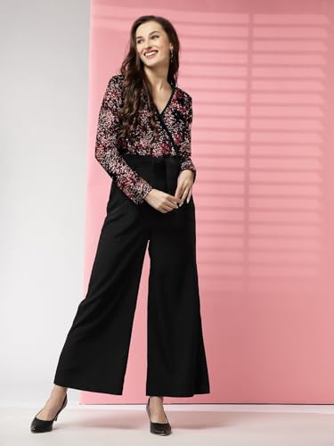 Image of LONDON BELLY Women's Polyester Semi-Formal Jumpsuit with Round Neck Half Sleeves Adjustable Waist Tie Abstract Pattern and Regular Fit | Women Stylish One Piece Outfit | Women Regular Fit Jumpsuit