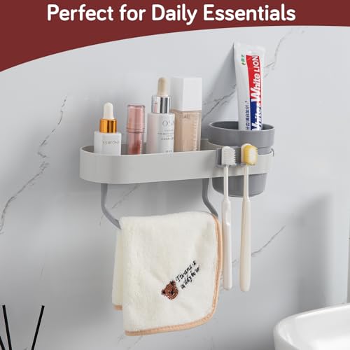 Image of HOKIPO Wall-Mounted Bathroom Shelf with Cup Holder & Towel Rod | Stickable Bathroom Organizer | No Drill Self Adhesive Storage Rack | Magic Sticker Bathroom Accessories Set (AR-6090)