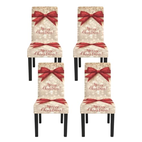 Image of Merry Christmas Dining Chair Covers Set of 4, Red Bow Slipcovers