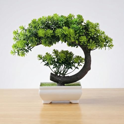 Image of Dekorly Small Fake Plants /Plastic Artificial Bonsai Tree for Bookshelf Bathroom Home Decor, Farmhouse Zen Garden Room Decor, Tall 8.5 inch (Green-Regular, Height : Upto 22CM)