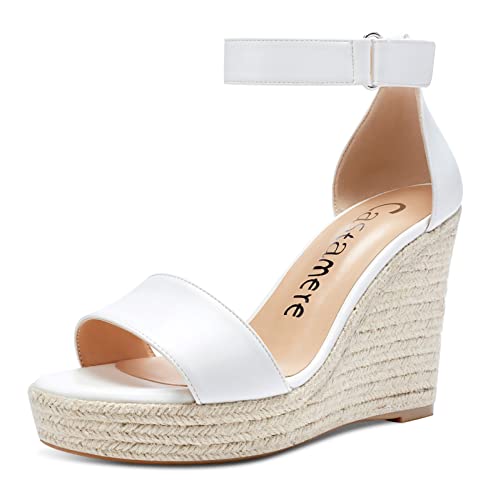 Castamere Damen Keilabsatz High Heels Plattform Pumps mit Ankle-Strap Sandalen Weiß Schuhe EU 43