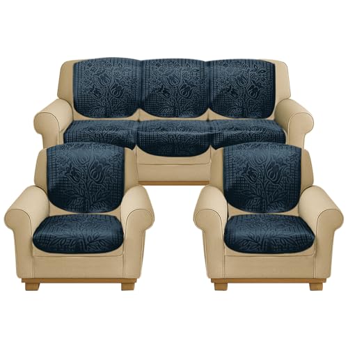 Image of Cloth Fusion Italian Velvet Floral Embossed 5 Seater (3+1+1) Sofa Cover Set for Living Room (174+58+58 cm, Blue)