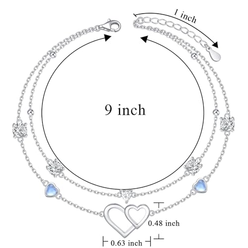 Image of S925 Ankle Bracelet for Women Heart Multilayer Anklets Dainty Beaded Chain Adjustable 9+1 Summer Cute Beach Foot Jewelry