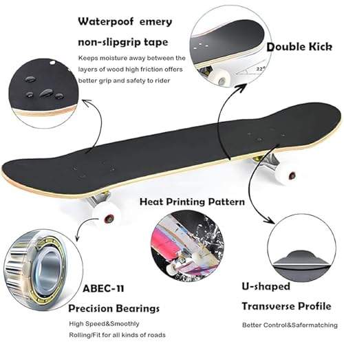 Image of Pro Complete Skateboards for Beginners Girls Boys Kids Youths Teens Adults 31 inchx8 inch Skate Boards 7 Layers Canadian Maple Double Kick Deck Concave Longboard