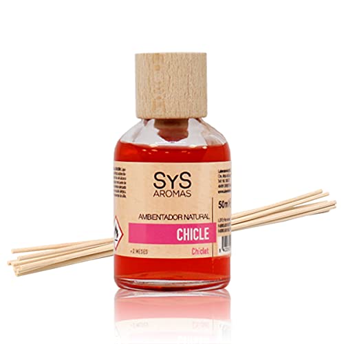 SYS Aromas Ambientador Mikado Chicle - Difusor con Varillas de Ratán - Larga Duración - Ideal para Hogar, Oficina, Baño - 50 ml con 8 Varillas