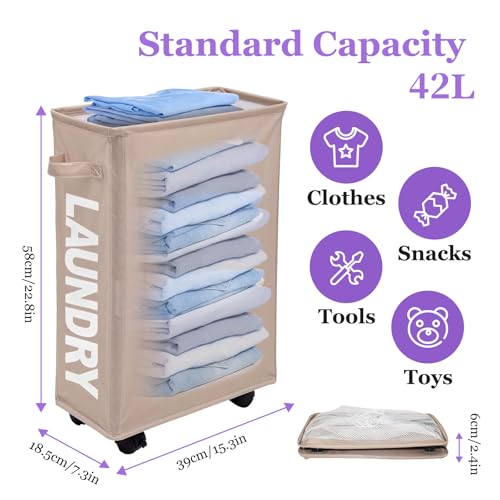 Image of Slim Rolling Laundry Hamper with Wheels, 42L Collapsible Narrow Laundry Basket with Drawstring Mesh Cover, Foldable Dirty Clothes Organizer for Bathroom, Dorm, Small Spaces, Khaki