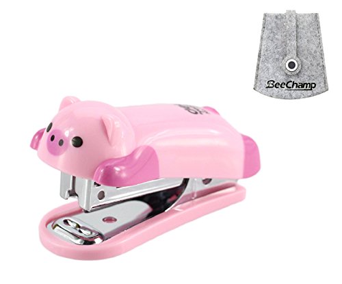 BeeChamp Mini Cute Cartoon Desktop Stapler with Staples for Office School Home Best Award to Schoolchildren (Pink Piggy)