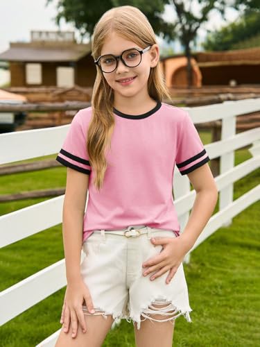 Haloumoning Girls Short Sleeve T Shirts Kids Summer Crewneck Color Block Tops Fashion Tees 5-14 Years4