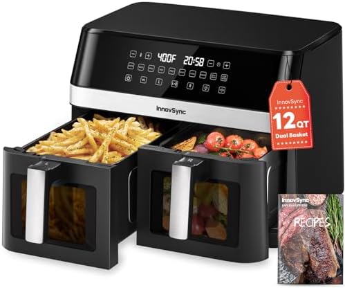 12QT Large Dual Air Fryer, 2 Dishes at Once, Black