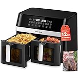 12QT Large Dual Air Fryer, 10-in-1 Double Zone Airfryer with 2×6QT Baskets, 60° Easy-Panel with Full Touchscreen, SyncCook Function, Viewing Window, Nonstick & Dishwasher Safe, Black