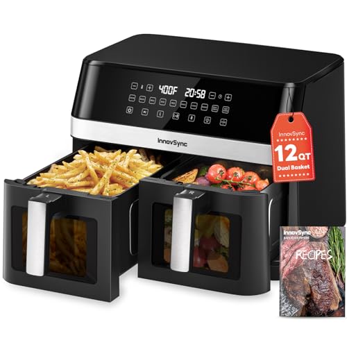 12QT Large Dual Air Fryer, 10-in-1 Double Zone Airfryer with 2×6QT Baskets, 60° Easy-Panel with Full Touchscreen, SyncCook Function, 2 Dishes at Once, Black