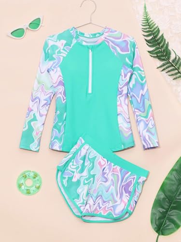 Kids Girls 2Pcs Rash Guard Long Sleeve Zipper Wave Striped Printed Swim Top with Shorts Bathing Suit3