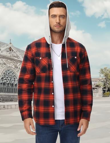 Image of MAGCOMSEN Men's Plaid Hooded Jacket Flannel Shirts Long Sleeve 4 Pockets Casual Button Down Shirts