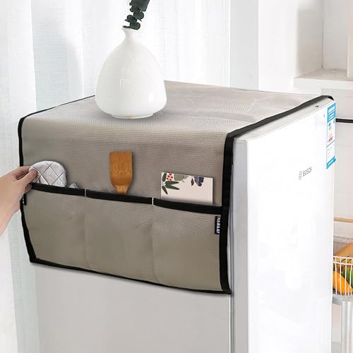 Image of NABAAT Premium Fridge Cover Top for Single Door Refrigerator Kitchen Decor Durable Dustproof Waterproof Modern Design with 6 Side Pockets for Kitchen Accessories - 130 x 54cm (Light Grey)