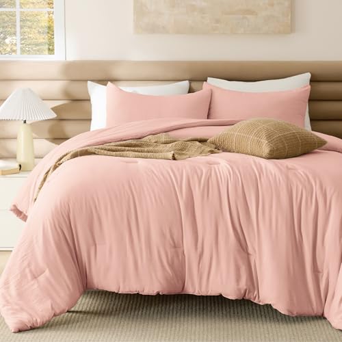 Image of Bedsure Full Comforter Set, Blush Pink Soft Prewashed Bedding for All Seasons, 3 Pieces GentleSoft Bed Set, 1 Lightweight Comforter (82 inchx86 inch) and 2 Pillowcases (20 inchx26 inch)