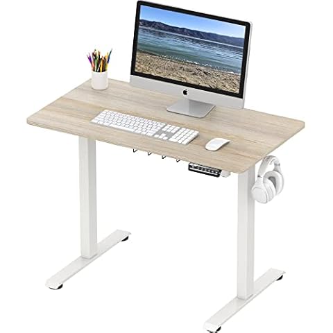 SHW Small Electric Height Adjustable Sit Stand Desk with Hanging Hooks and Cable Management, 40 x 22 Inches, White Frame and Maple Top Cover