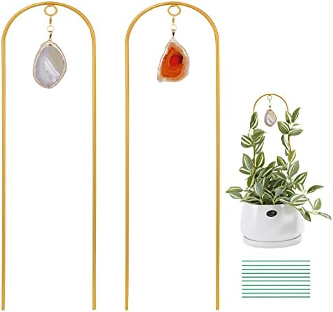 Ceiner 2PCS Small Plant Gold Trellis Indoor, Mini Metal Houseplant Decor Support for Potted Ivy Vine, Boho Garden Decorative Pot Climber with Agate for Climbing Hoya Pothos Philodendron Gift