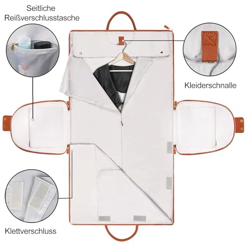 Suweir Kleidersack Reisetasche PU Leder Anzugtasche Garment Duffle bag für Herren Damen 2 in 1 Hängenden Faltbaren Koffer Anzug Reisetaschen Kleidertaschen Sporttasche für Bussiness, Reisen (Beige)