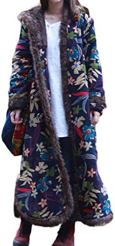 LUZU JUNU LZJN Women's Warm Long Overcoat Hooded Winter Quilted Parka Outwear with Faux Fur Collar Jackets (Blue with Leaves and Flowers)