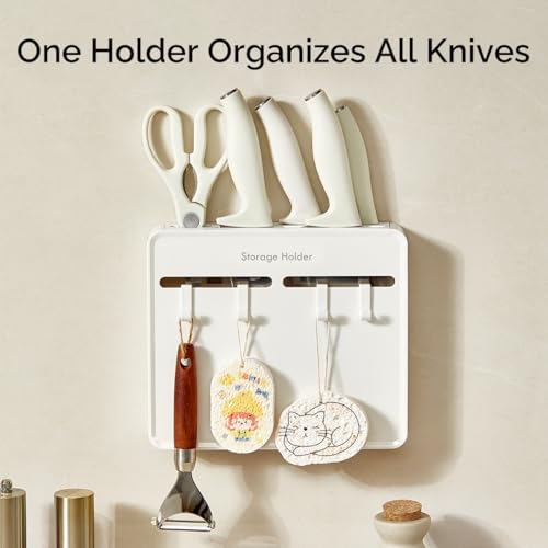 Image of SKYTONE Wall Mounted Kitchen Organizer Rack with 4 Adjustable Hooks & Towel Bar, Space Saving Wall Storage for Knives & Utensils, ABS Rust-Resistant Black (Knife Holder)