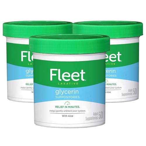 Fleet Glycerin Suppositories for Constipation Relief, Fast and Effective Stimulant-Free Laxative with Aloe Vera, 50 Count Jar, Pack of 3