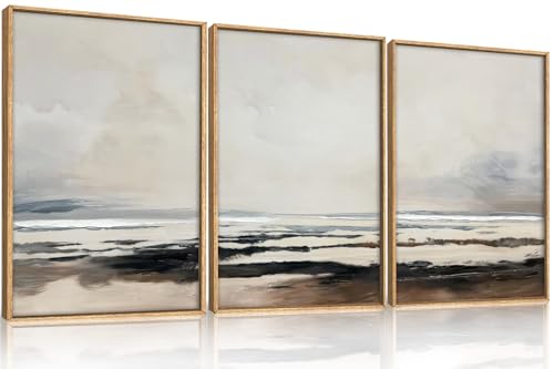 HOURIA Large Neutral Abstract Gray Framed Wall Art Set,Minimalist Modern Beige Brown Landscape Wall Decor,Wilderness Filed Artwork,Watercolor Misty Lake Print for Living Room,Bedroom,Office-16 x24 x3