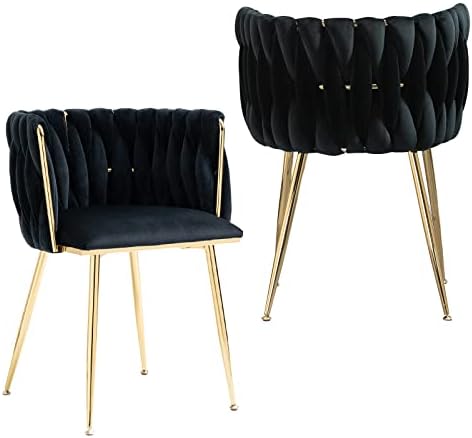 NIOIIKIT Modern Velvet Dining Chairs Set of 2 Hand Weaving Accent Chairs Living Room Chairs Upholstered Side Chair with Golden Metal Legs for Dining Room Kitchen Vanity Living Room(Black)
