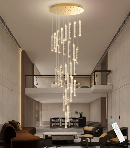 Image of Modern 30-Light LED Chandelier for Living Room, Dining Room & Entryway - Dimmable Spiral Crystal Gold Hanging Light Fixture