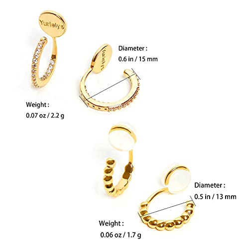 Yurielys Clip On Hoop Earrings For Women Girls, 14K Real Gold Plated Cubic Zirconia Mini Hoop Beaded Hoop Non Pierced Fake Piercing Earrings #TOP2