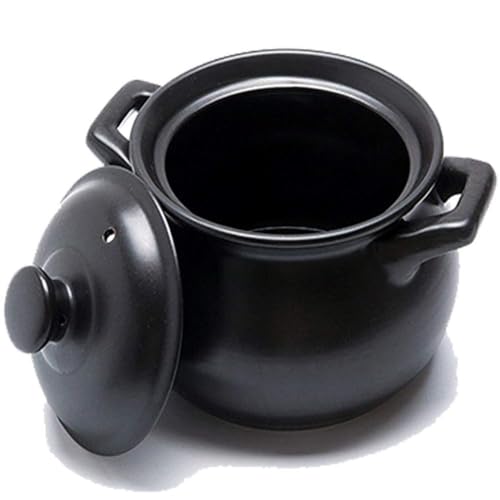 Imagen de Olla sopera de gres Cacerola con tapa Olla caliente saludable Cerámica con dos asas Gres negro Cuenco de piedra para cocina