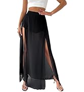 SOFIA'S CHOICE Women's Side Slit Mesh Skirt Casual Elastic High Waisted Long Skirt