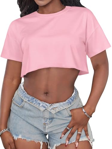 Image of Crop Tops for Women Oversized Short Sleeve T Shirts Crew Neck Cropped Tees