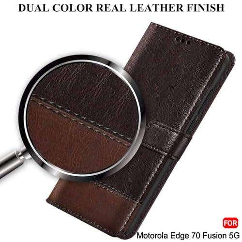 Image of TheGiftKart Flip Back Cover Case for Motorola Moto Edge 70 Fusion 5G | Dual-Color Leather Finish | Inbuilt Stand & Pockets | Wallet Style Flip Back Cover Case (Faux Leather, Coffee & Brown)