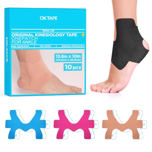 Image of OK TAPE Precut Kinesiology Ankle Tape for Women, Elastic Athletic Tape for Pain Relief, Ankle Sprain, Stability, Breathable Cotton, Daily Use - Black, S Size, 10 Pcs