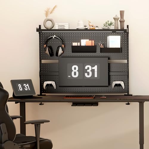EUREKA ERGONOMIC LED Schreibtisch Stecktafel mit Dual Monitor Ständer 360° drehbar,Groß Pegboard Wand Organizer Gamer Computertisch Zubehör,Lochwand Lagerregal Büroregal Bürozubehör,schwarz